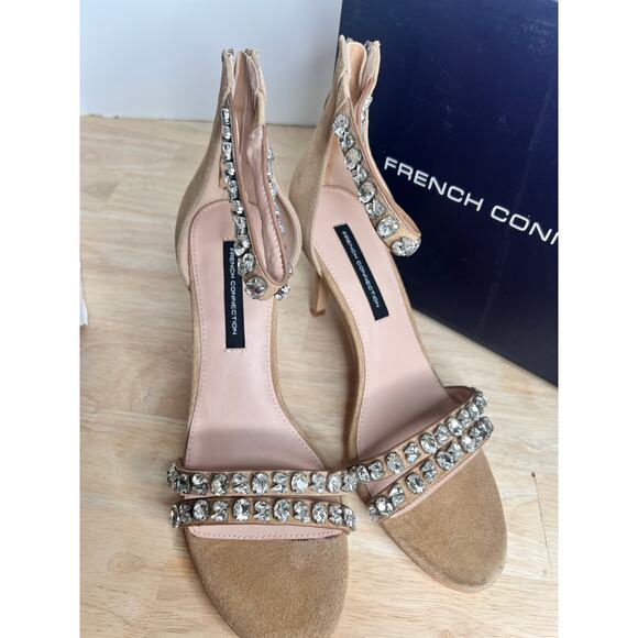 French Connection Leon Suede Jewel Heeled Dress Sandals Mocha Women's US 9 NWT - Picture 2 of 6